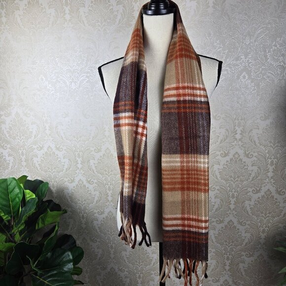 Faribo Blankets Glengary Plaid Oblong Scarf Brown Orange Cream 100% Acrylic NWT - Picture 1 of 7